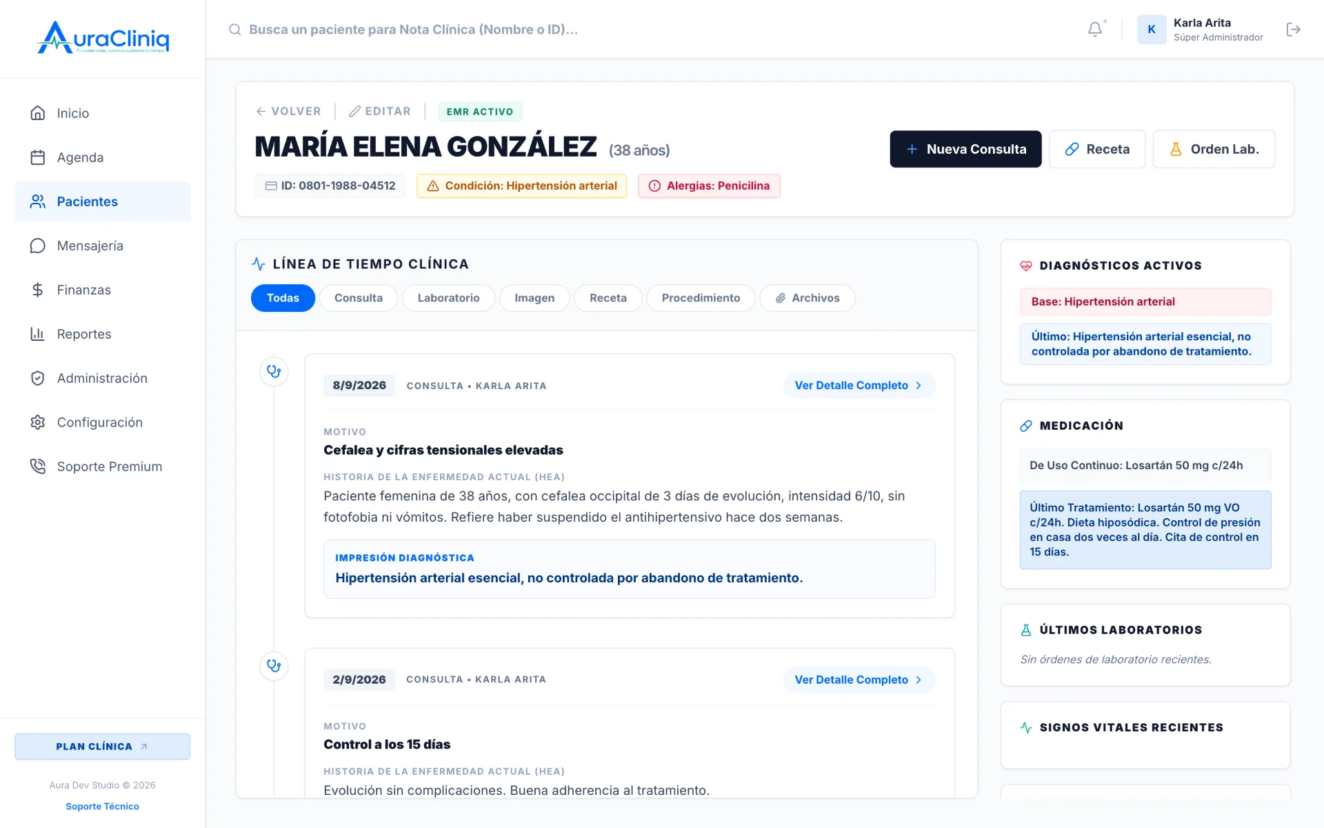 Expediente clínico de AuraCliniq: línea de tiempo con consultas, diagnósticos activos, medicación y alergias del paciente
