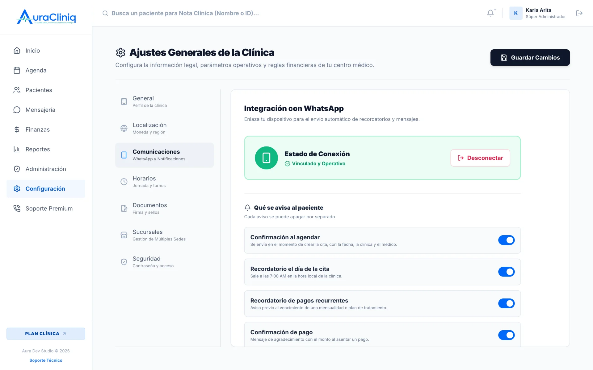 Configuración de avisos automáticos de AuraCliniq: interruptores por tipo de aviso y estado de la conexión con WhatsApp